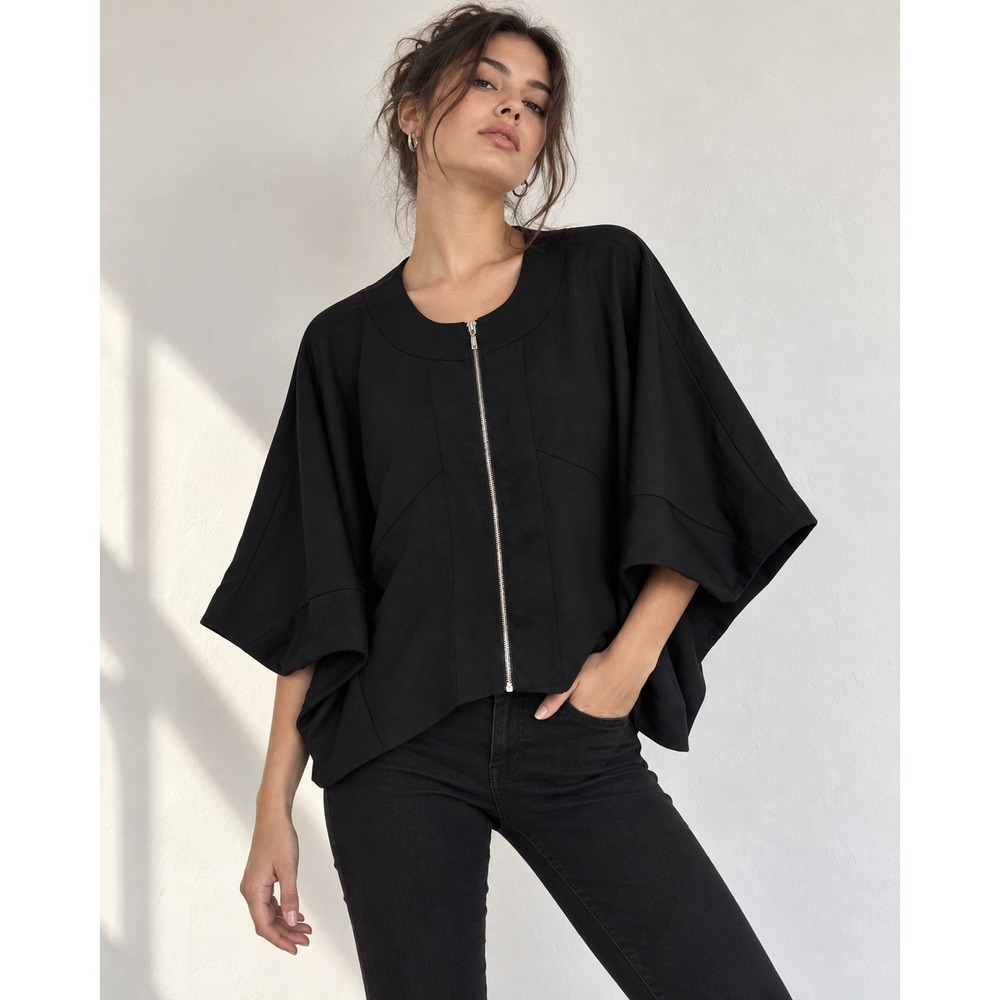 Cartonnier Poncho Women L Black Dolman Sleeve Zip Front Anthropologie Layering